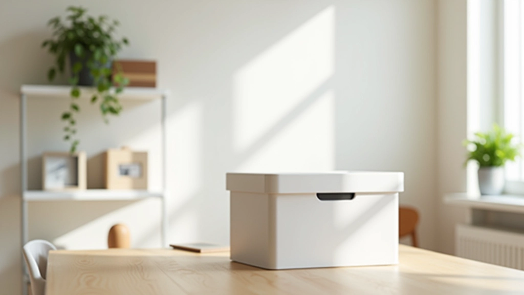 Organized home office with labeled storage boxes, desk with minimal items, plants on shelf, clean white walls, bright afternoon light