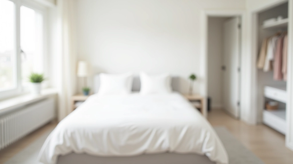 Before and after comparison of a cluttered bedroom transformed into a minimal, organized space with clear surfaces