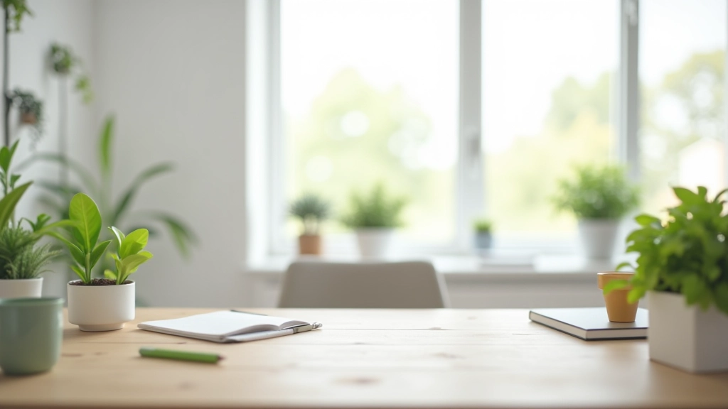 Clean modern office desk with organized supplies and natural light from window