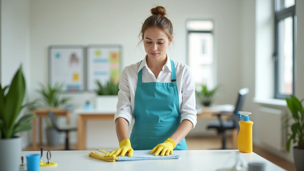 Professional cleaner organizing office supplies