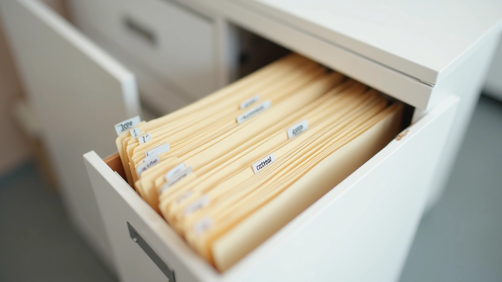 Filing system with labeled folders and organized document storage