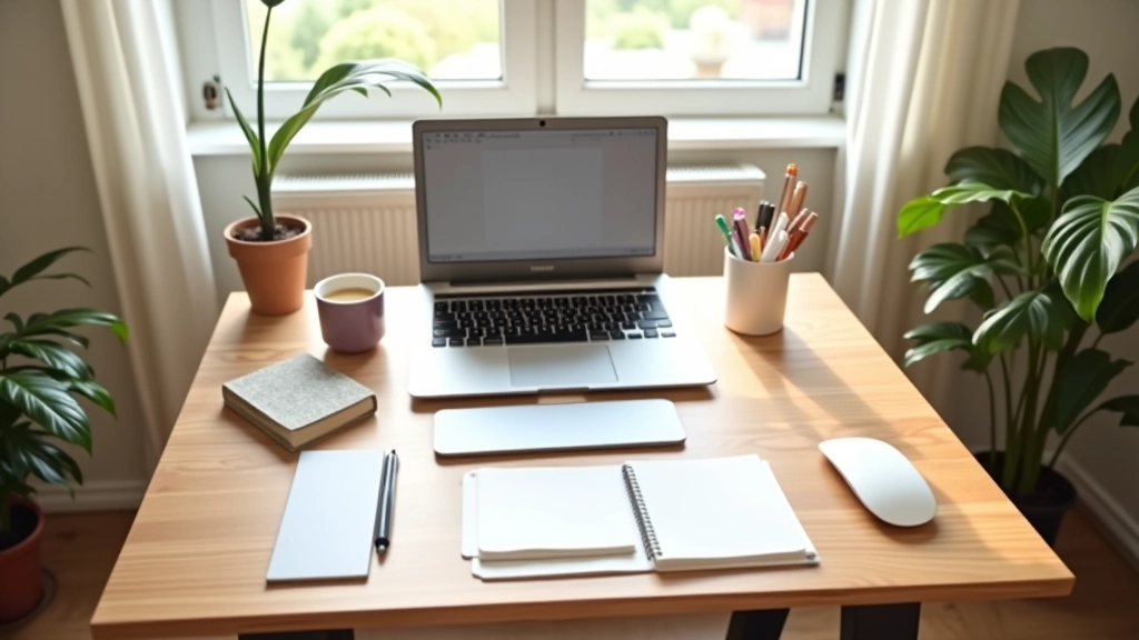 Organized home office desk with minimal clutter, clean surfaces, and organized storage