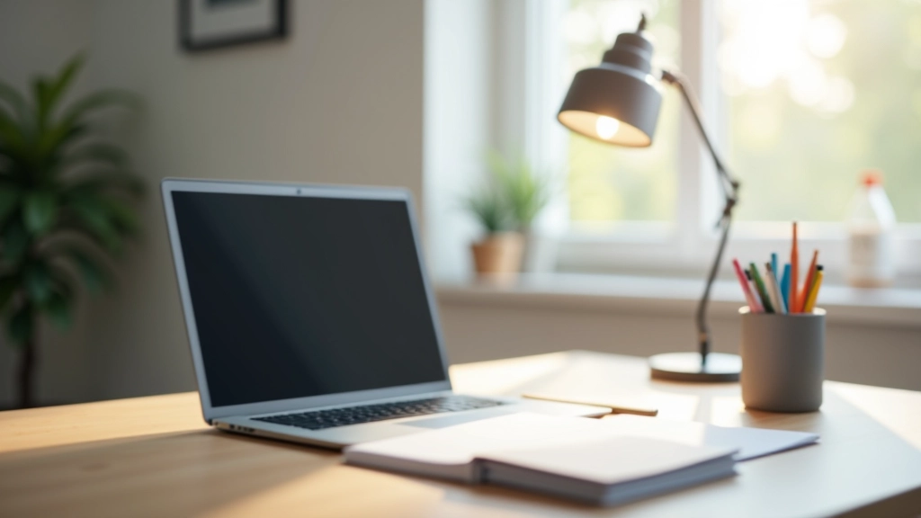 Organized office desk with laptop, minimal supplies, and clear work zones
