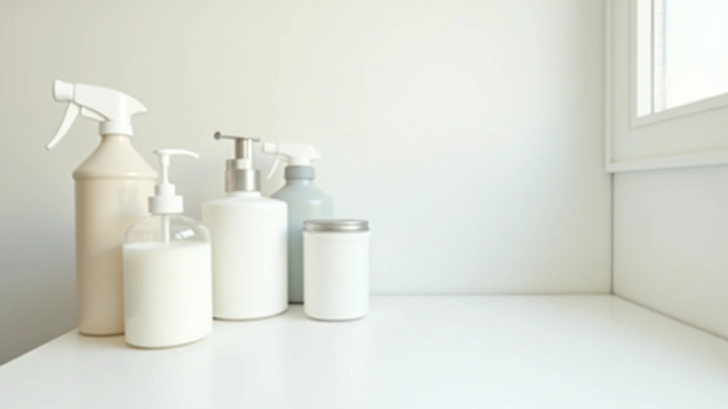Organized cleaning supplies arranged neatly on white shelving unit with clear labels