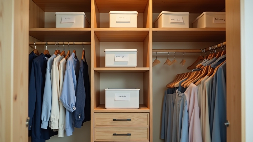Organized closet with color-coded hangers and labeled storage bins on shelves