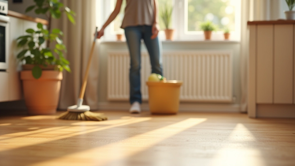 Person sweeping clean wooden floor with broom, bright natural light from window