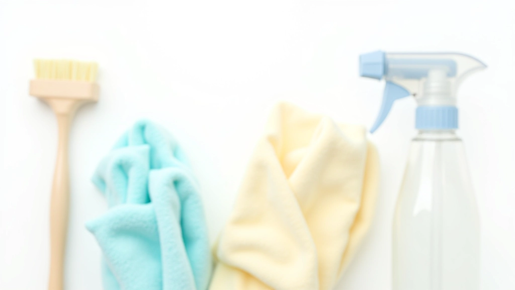 Collection of quality cleaning tools arranged on white surface including microfiber cloths, brush, spray bottle and mop