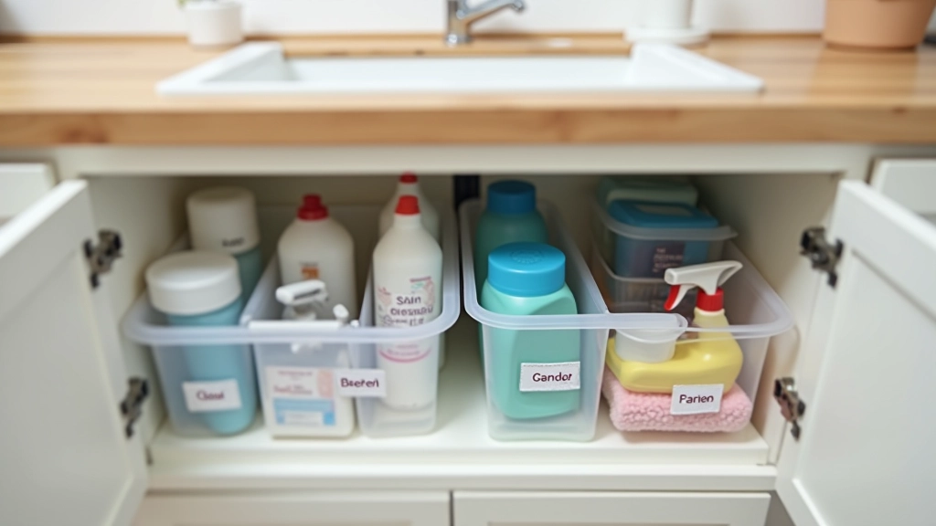 Under-sink cabinet storage with labeled containers and organized cleaning supplies in compartments