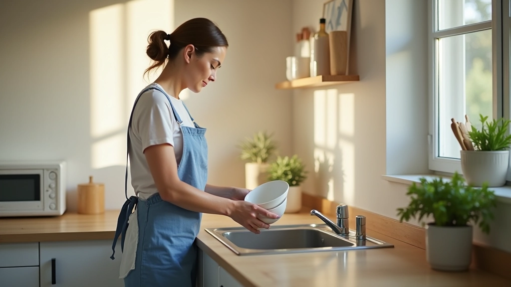 Clean kitchen sink with organized dish rack and fresh water running, bright countertops visible
